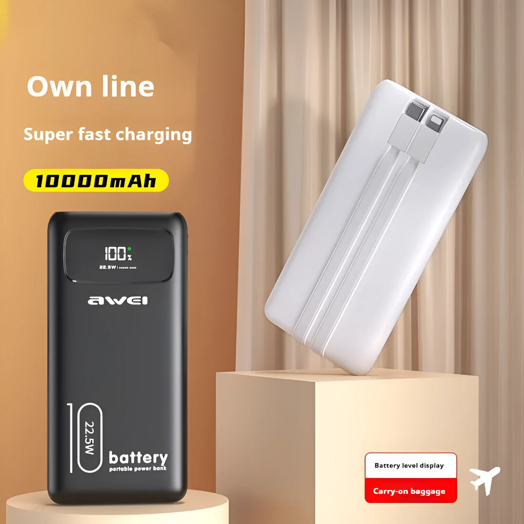 Fast charge power bank 10000mAh or 20000mAh, PVC shell, 68 × 15.5 × 141mm, black or white