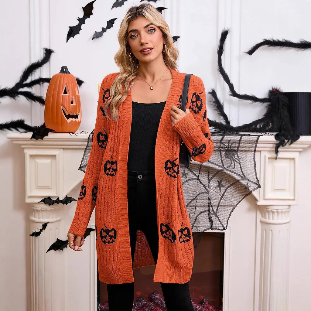 Women's black Halloween cardigan with pumpkin head jacquard pattern, medium length acrylic knit