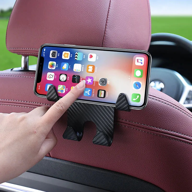 Black ABS plastic car seat hook with integrated mobile phone holder bracket