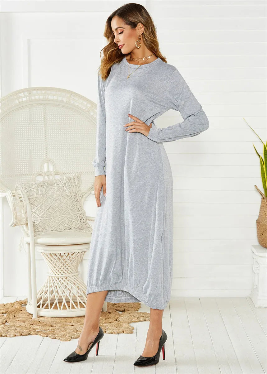 Black loose lantern dress with lace-up crew neck, knit polyester casual style