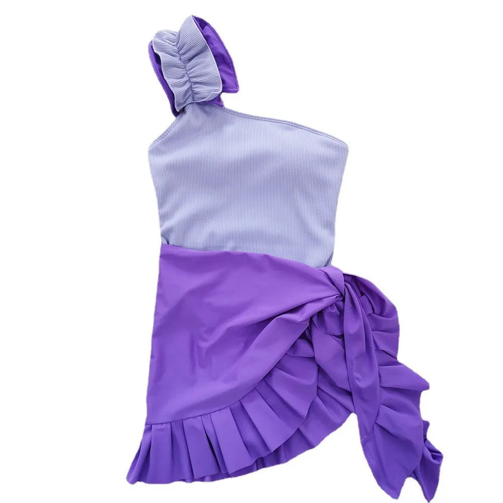 Single-shoulder suspender tube top one-piece swimsuit with high waist in solid colour