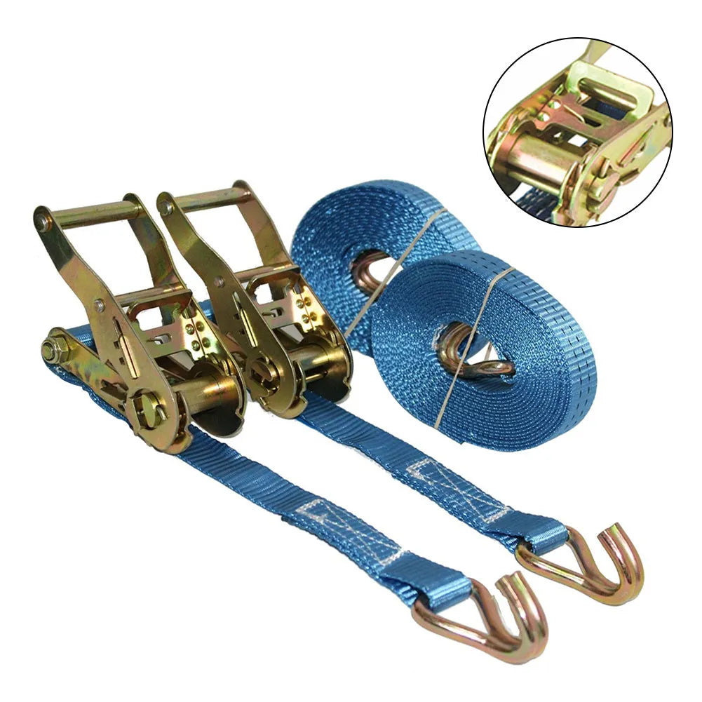 Steel ratchet tensioner furniture fastening strap with triangle double hooks and polyester webbing