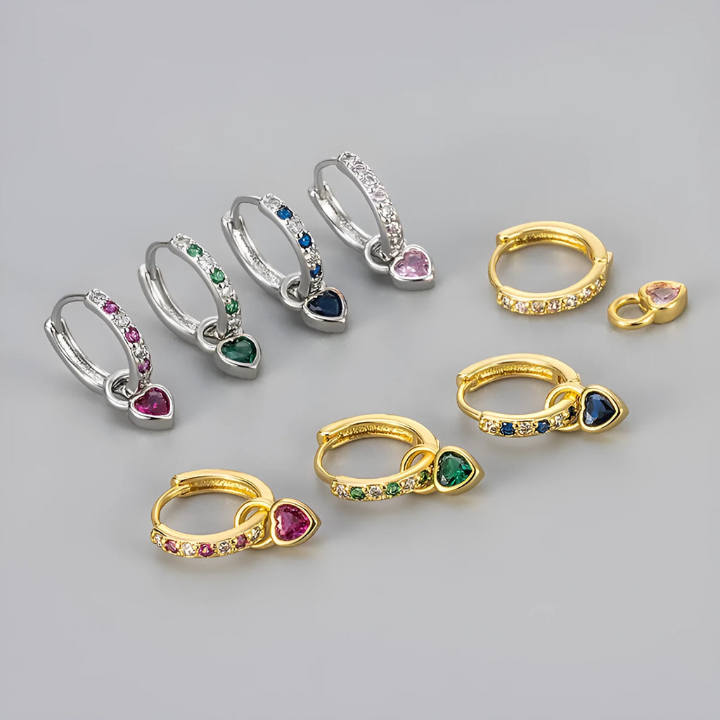 Women's heart-shaped drop earrings with coloured zircon gemstones in gold or white gold plating