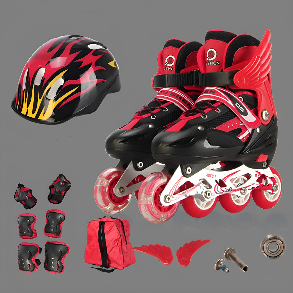 Yellow children's adjustable inline skates with aluminium frame, foam wheels, and full protective gear set including helmet.