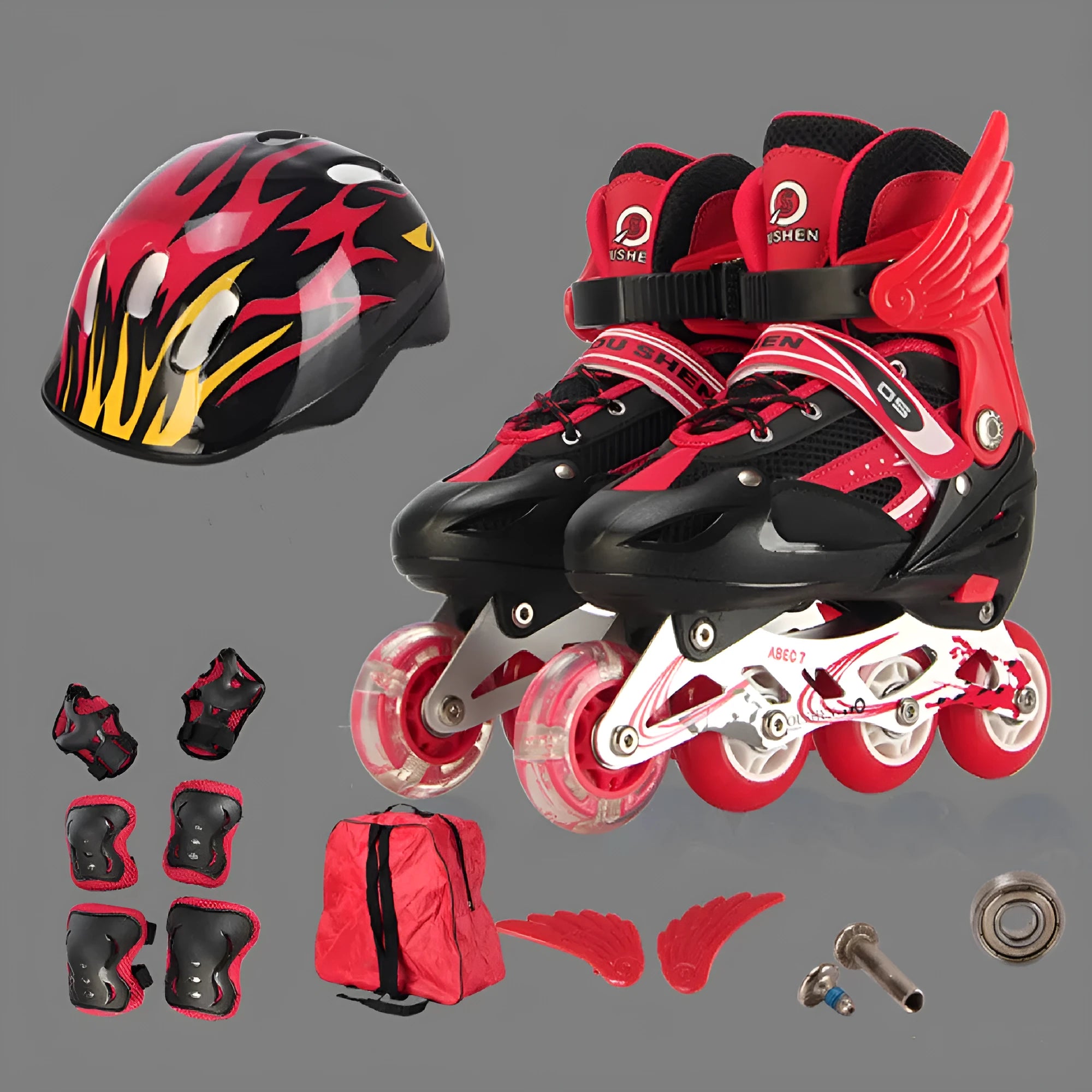 Yellow children's adjustable inline skates with aluminium frame, foam wheels, and full protective gear set including helmet.