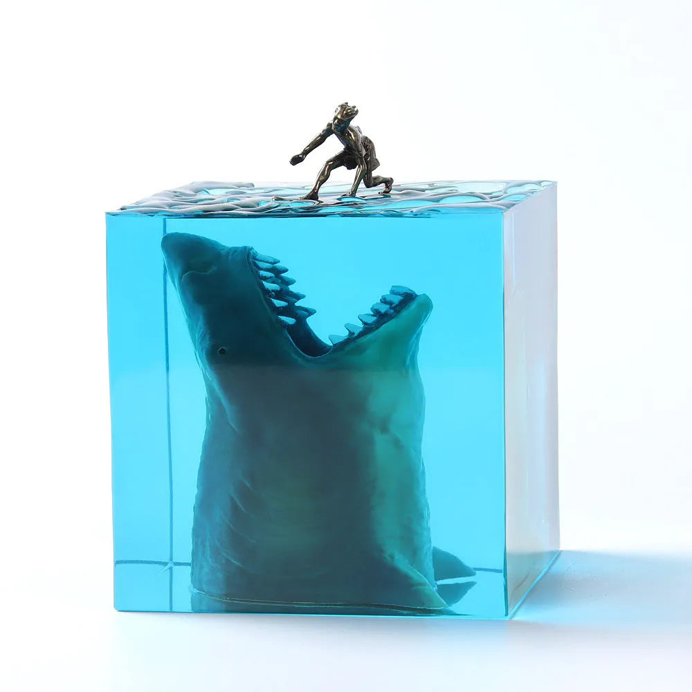 Clear epoxy resin shark surfer night light ornament in 5cm or 8cm size with lamp holder