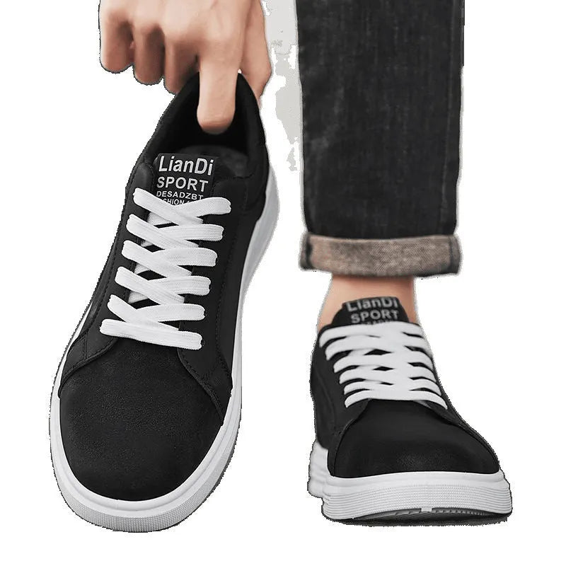 Men's black PU leather casual sneakers with snake pattern detailing and round toe design