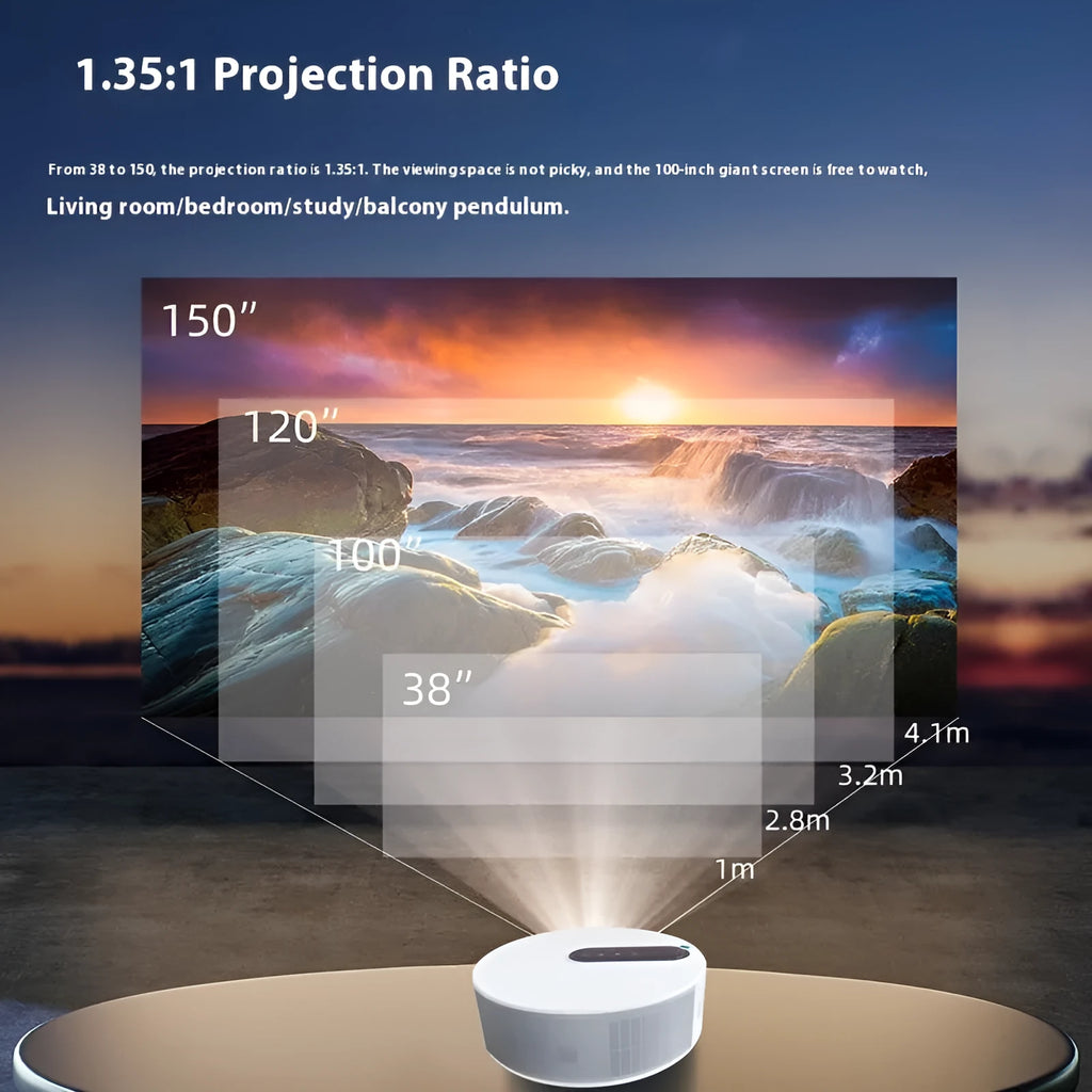 White home cinema projector with remote control on a table, showing 720p HD resolution specification.