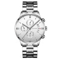 Men's stainless steel quartz watch with calendar display and round black dial on matching chain strap