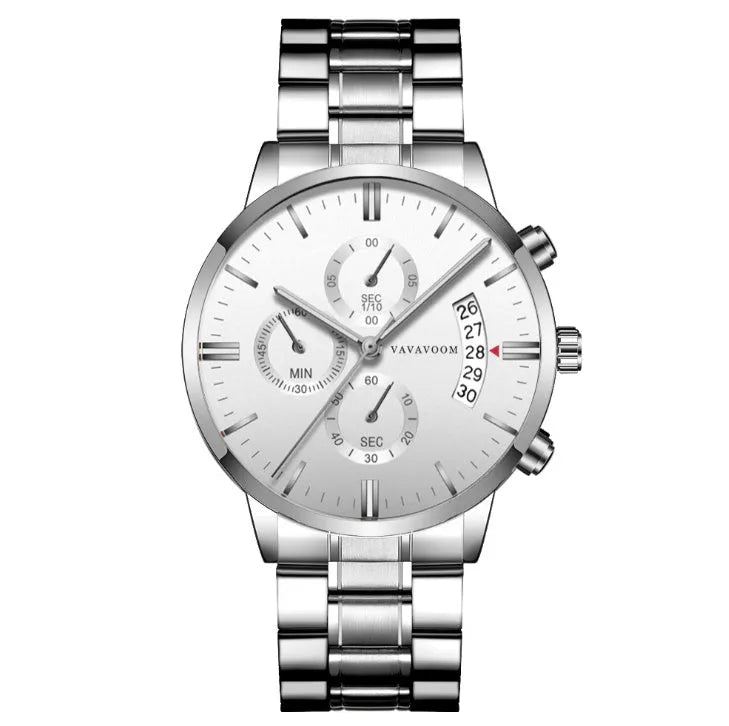 Men's stainless steel quartz watch with calendar display and round black dial on matching chain strap