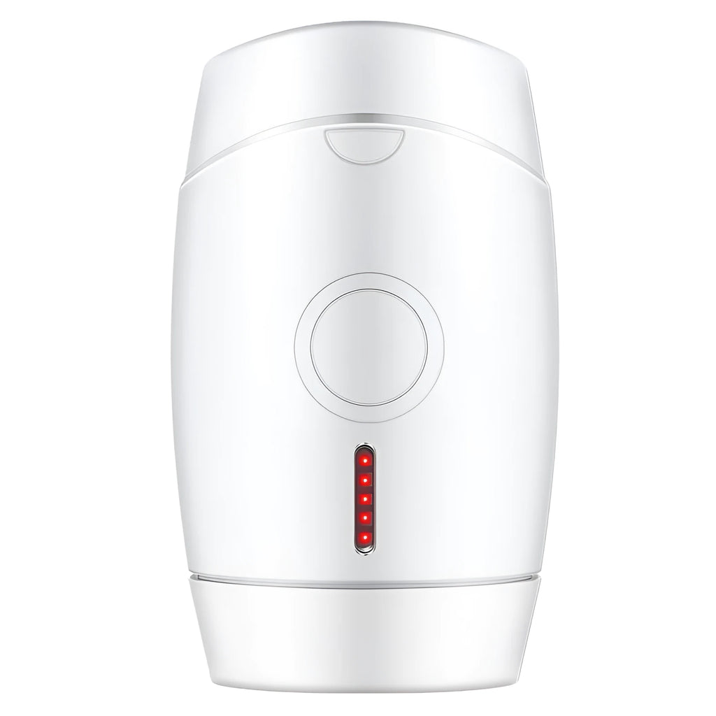 White home laser hair removal instrument with display screen and adapter plugs for UK, EU, US, and AU sockets.