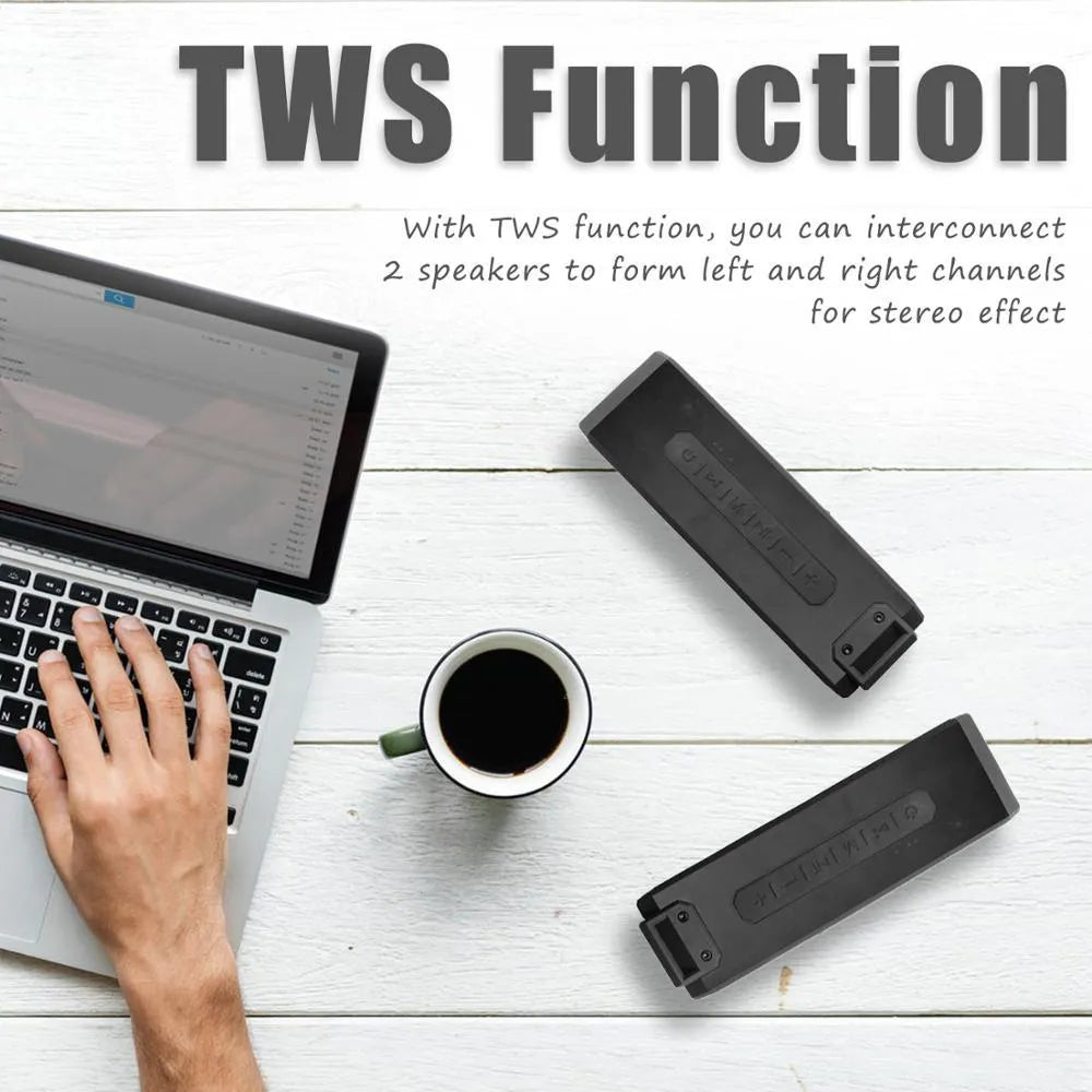 Black or blue waterproof portable Bluetooth speaker with carrying rope, showing front speaker grille and control buttons
