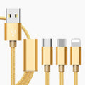 Three-in-one mobile phone charging cable in multiple colours showing 1.2 metre length and Micro USB connector