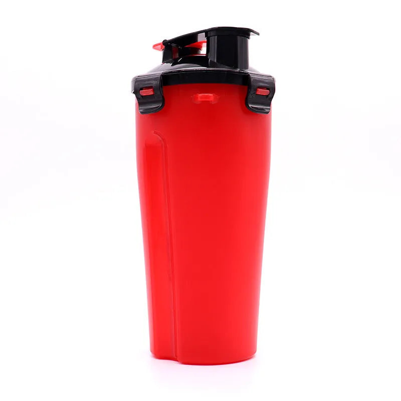 Portable white and red dog water and food cup with separate compartments for outdoor use