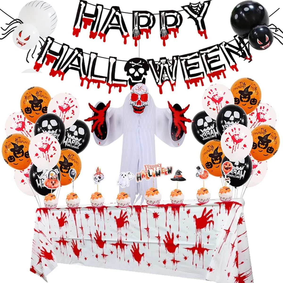 Halloween spider balloon arch decoration kit with white and black latex balloons featuring skull and pumpkin designs