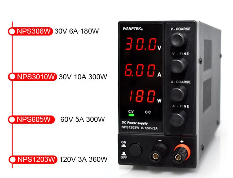 White adjustable DC bench power supply model S605W with 60V 5A output for mobile phone and notebook repair.