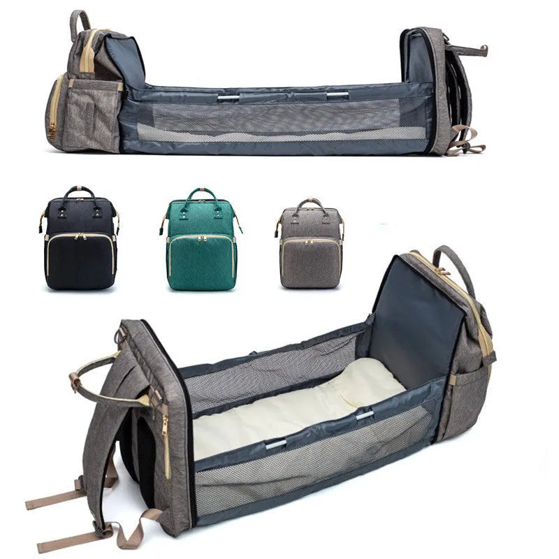 Foldable baby bed backpack with mattress, 30x73x24cm bed, USB option, cationic fabric, black or colour