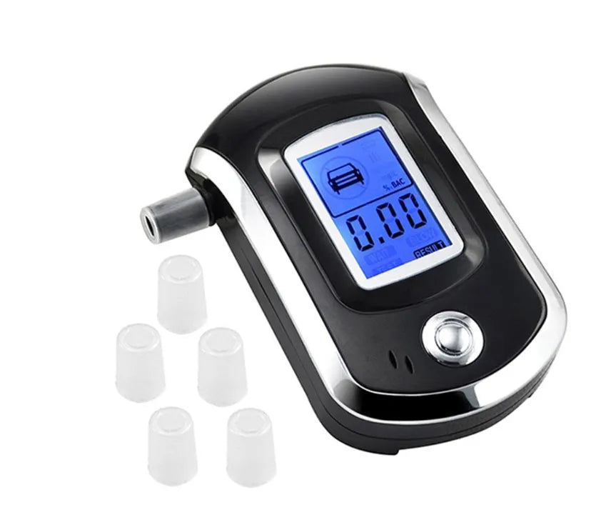 Black portable alcohol breathalyser with LCD screen and detachable mouthpiece.