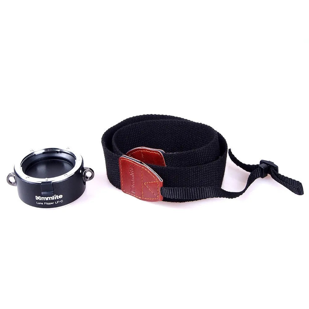 Camera lens flipper holder for Canon Nikon Sony E-Mount with aluminium body and shoulder strap