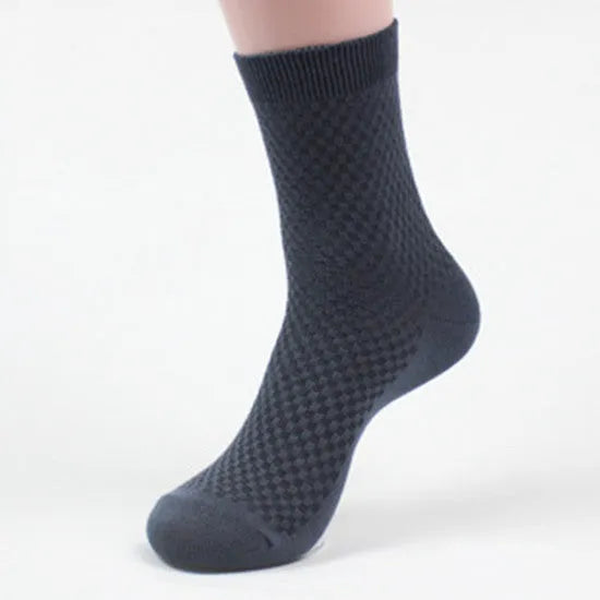 Men's bamboo fiber business socks in navy blue and grey with medium thickness knit and small square style pattern