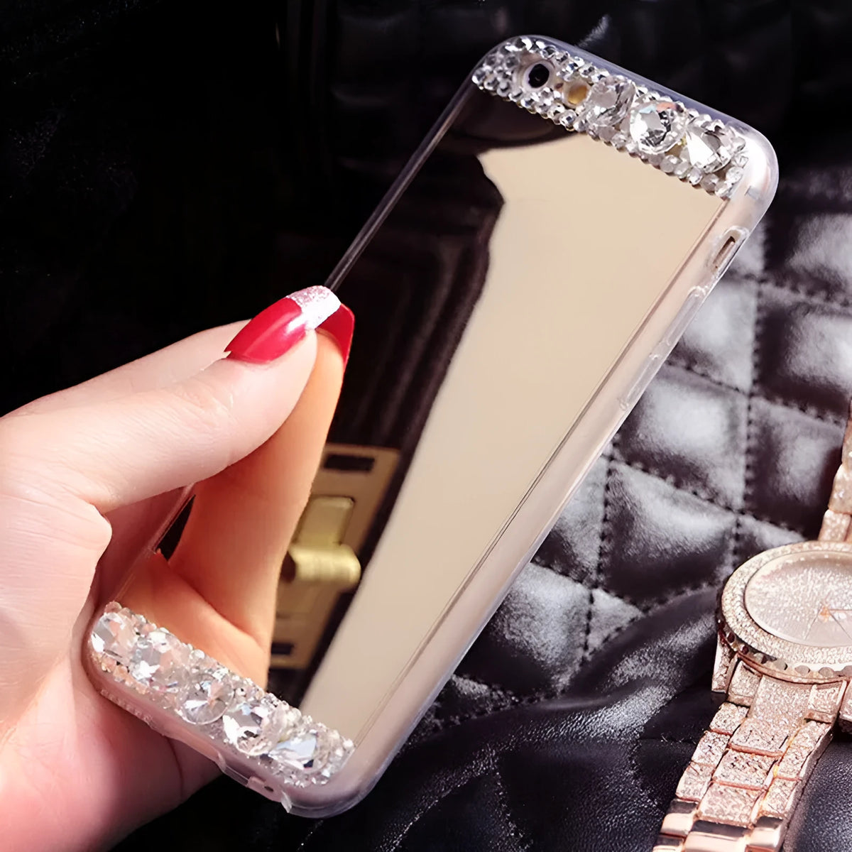 Gold rhinestone silicone back cover case for a Huawei P30 Pro mobile phone.