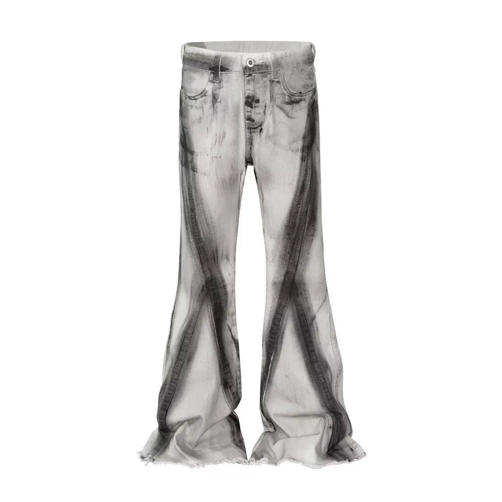White retro selvedge jeans with black ribbon gradient detailing and mid-waist zip-fly design