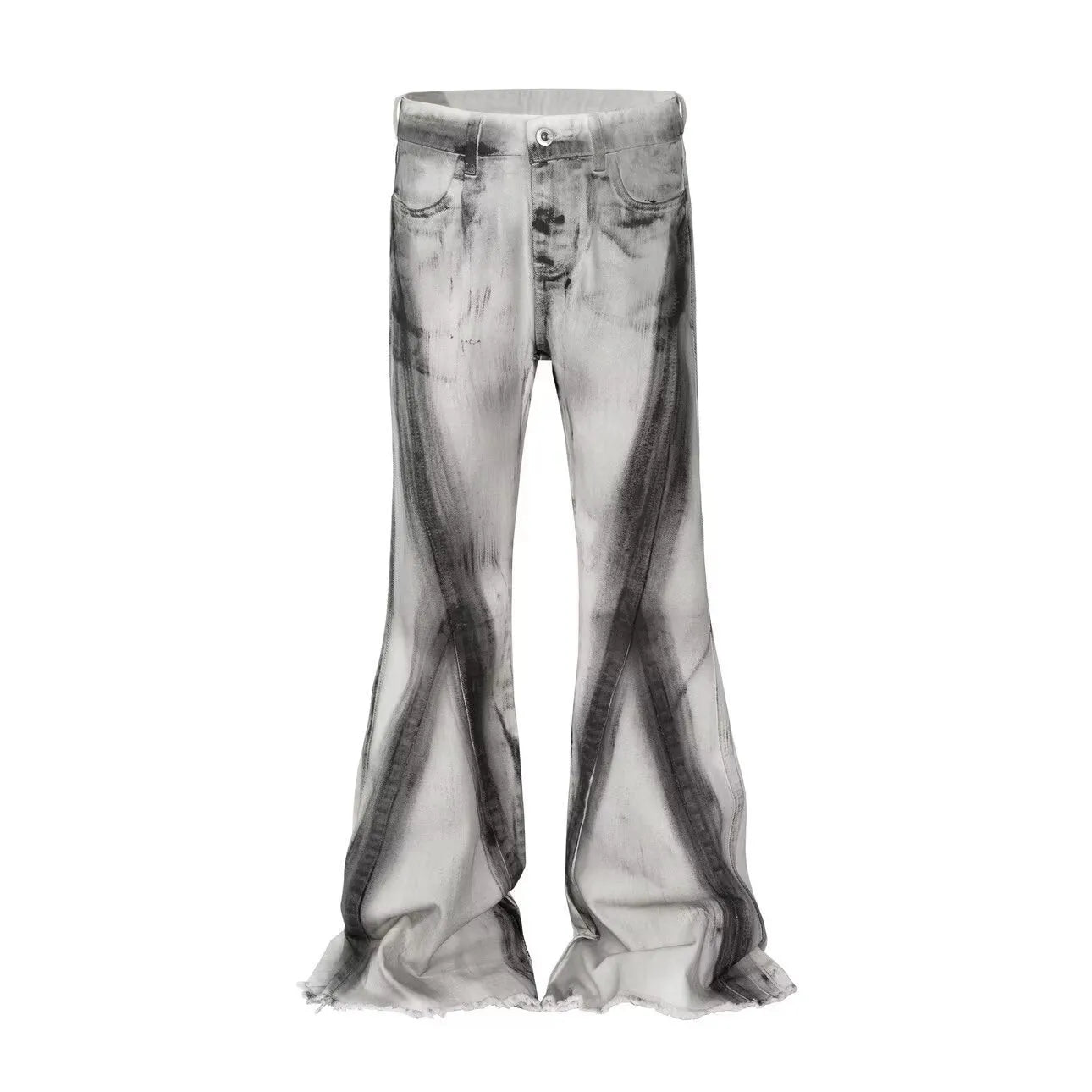 White retro selvedge jeans with black ribbon gradient detailing and mid-waist zip-fly design