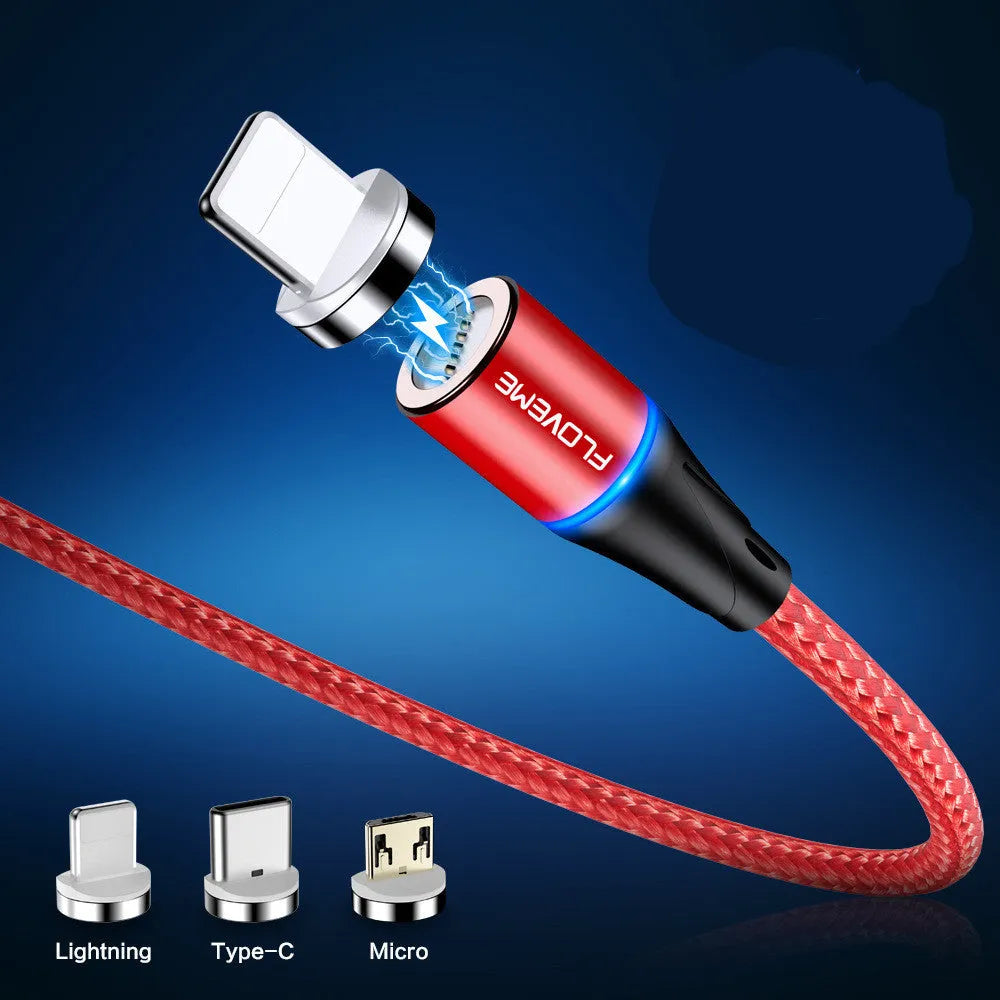 Black magnetic 3-in-1 fast charge data cable with side lighting for iPhone and Android phones