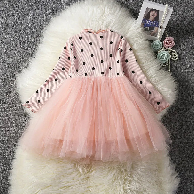 Girls' long sleeve lace tutu party dress in black, pink, or white for birthdays and christenings