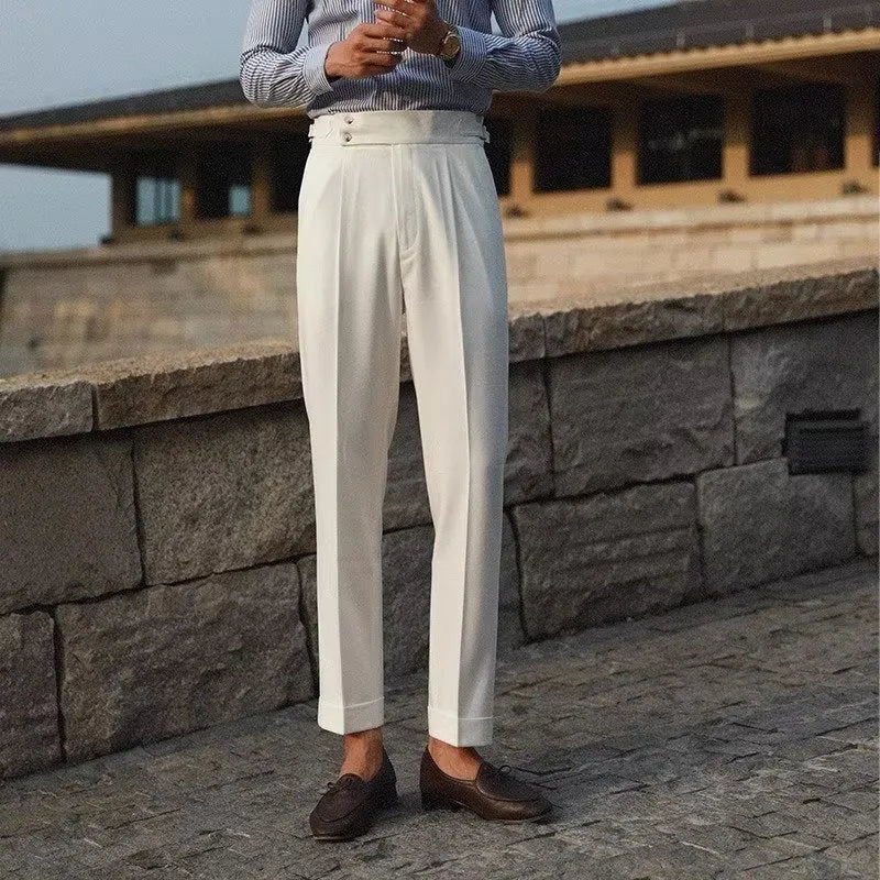 Slim fit straight-leg suit trousers in black, white and apricot colours for business formal occasions