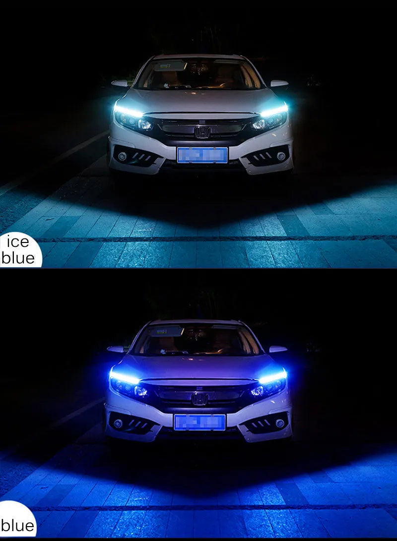Flexible silicone car LED daytime running light strip with turn signal function, showing wire connections.