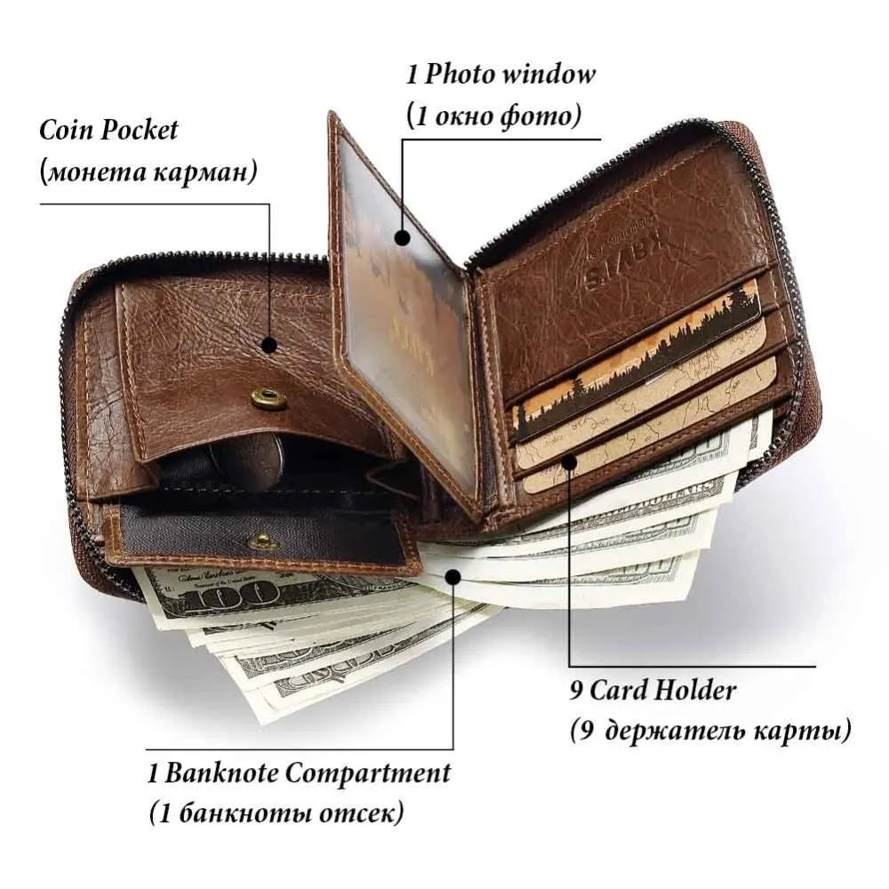 Coffee coloured genuine leather men's wallet with vintage locomotive design and multiple internal compartments