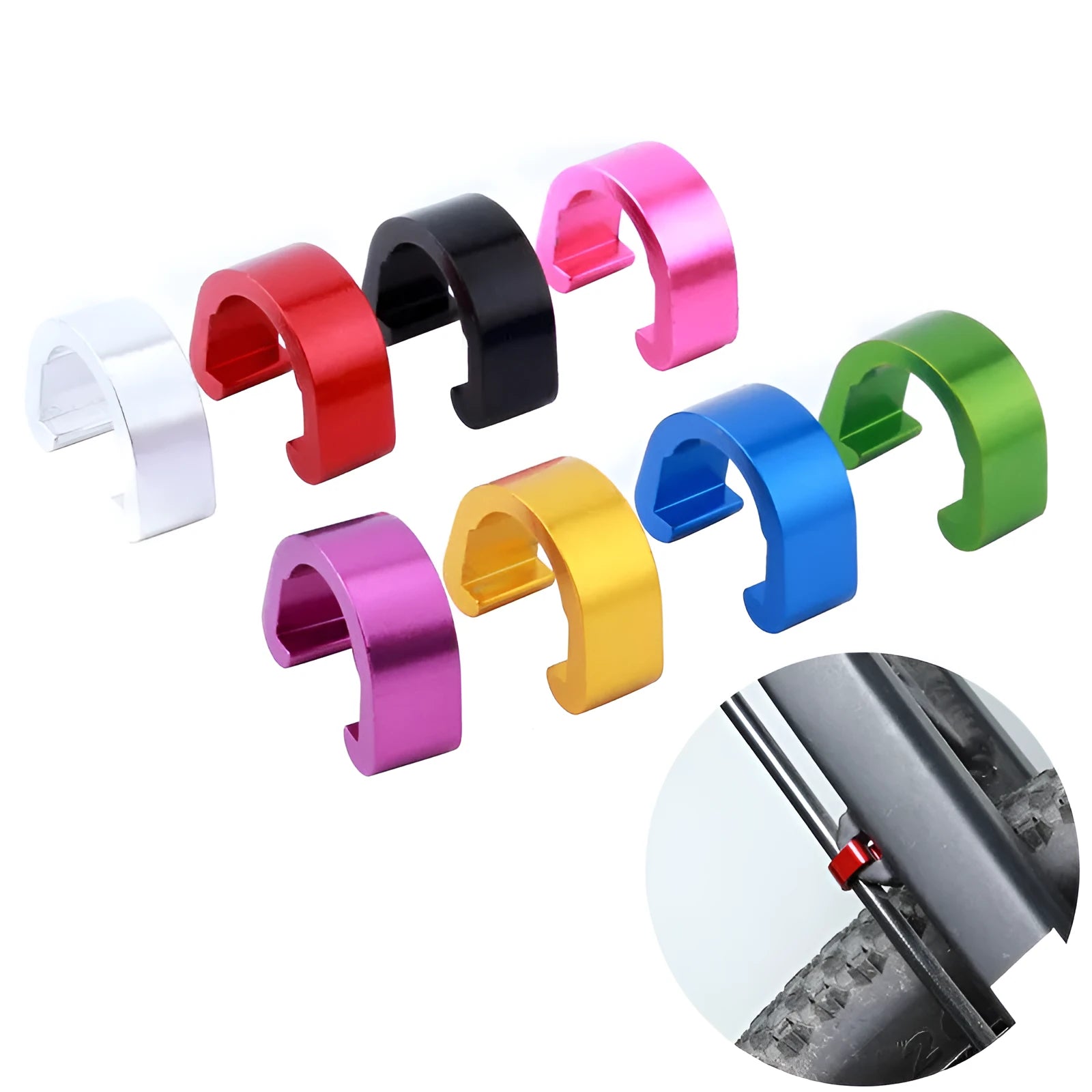 Ten small coloured aluminium C-shaped buckles for paracord and jewellery.