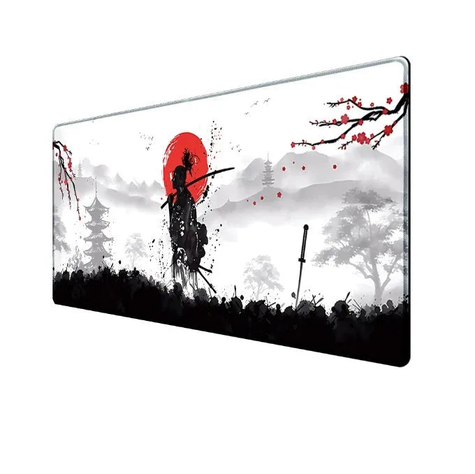 Japanese samurai design cloth gaming mouse pad on a desk, showing non-slip base and multiple size options.