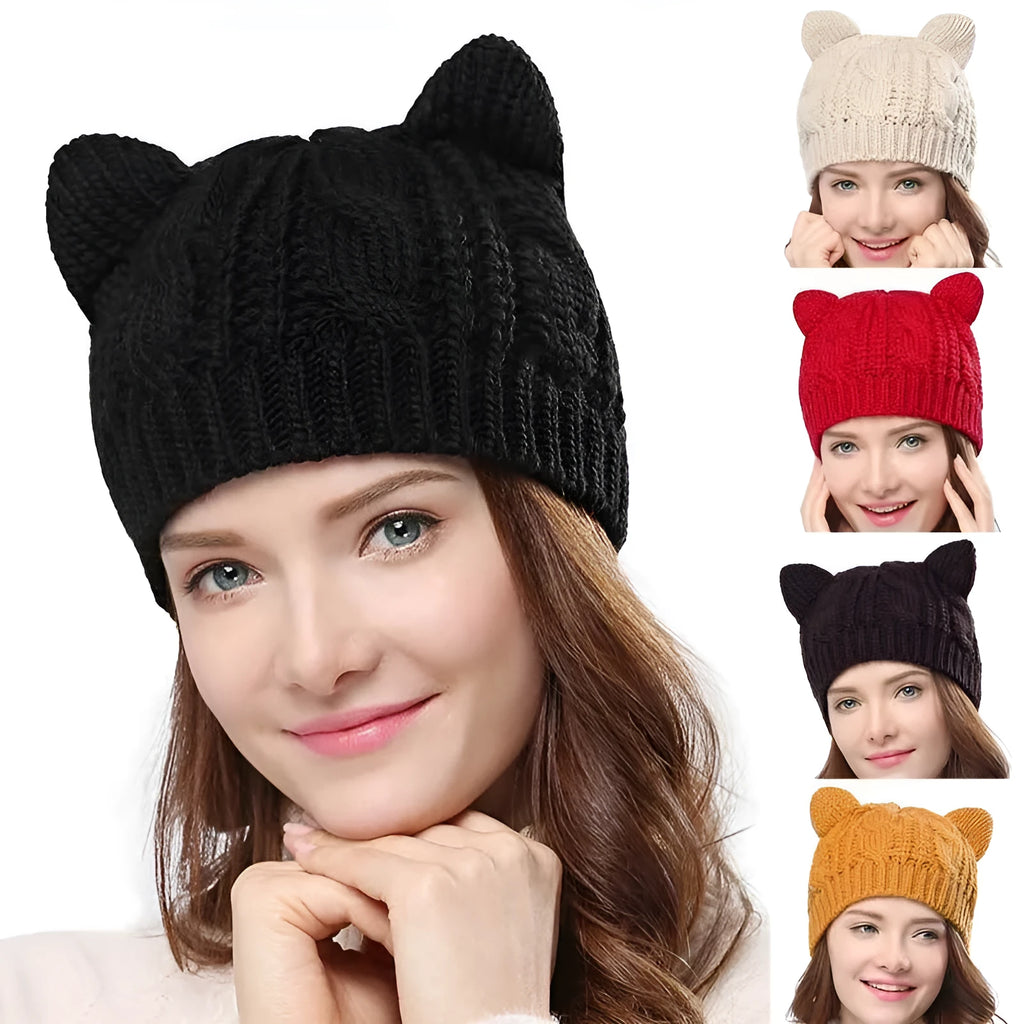 Hand made 3D cat ear knitted wool beanie in winter colours on head model