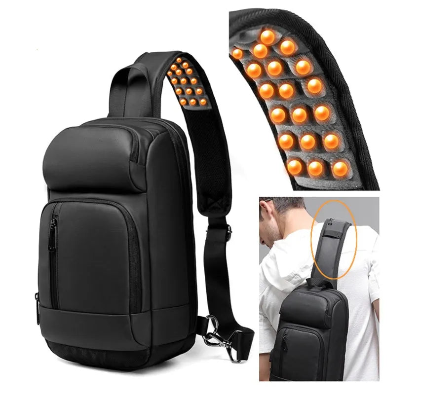 Black medium-sized PVC shoulder bag showing internal organisation pockets and air cushion strap