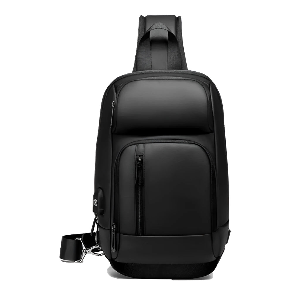 Black medium-sized PVC shoulder bag showing internal organisation pockets and air cushion strap