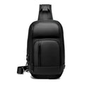 Black medium-sized PVC shoulder bag showing internal organisation pockets and air cushion strap