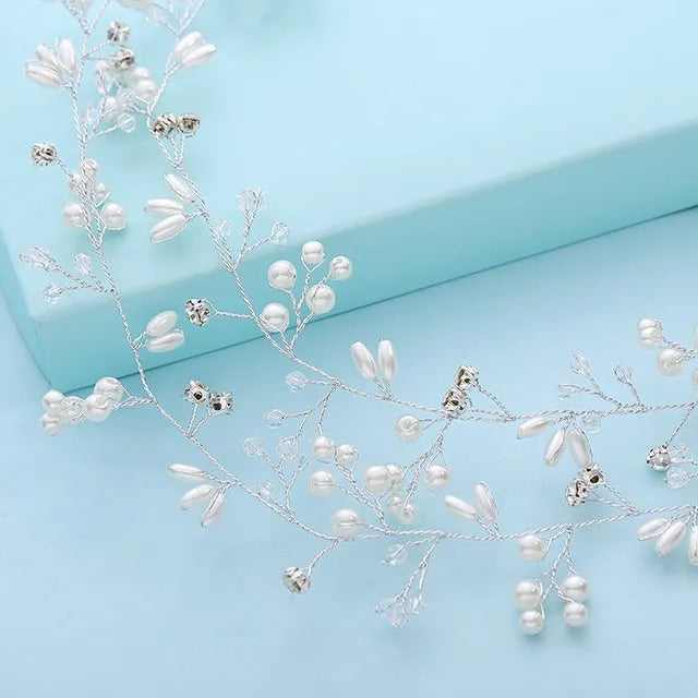 Silver gold rose gold crystal pearl wedding hair band with copper wire construction in three lengths