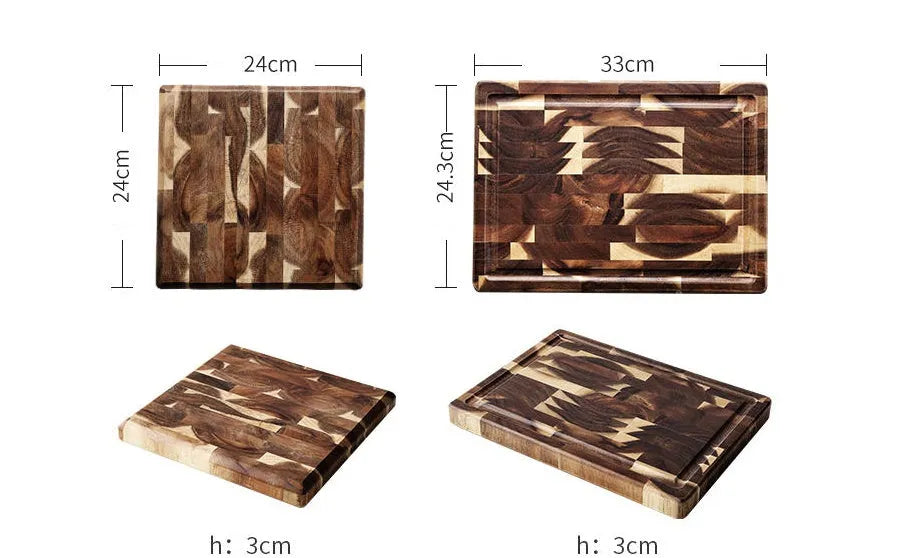 Brown acacia solid wood parquet cutting board with 3cm thickness on a kitchen counter.