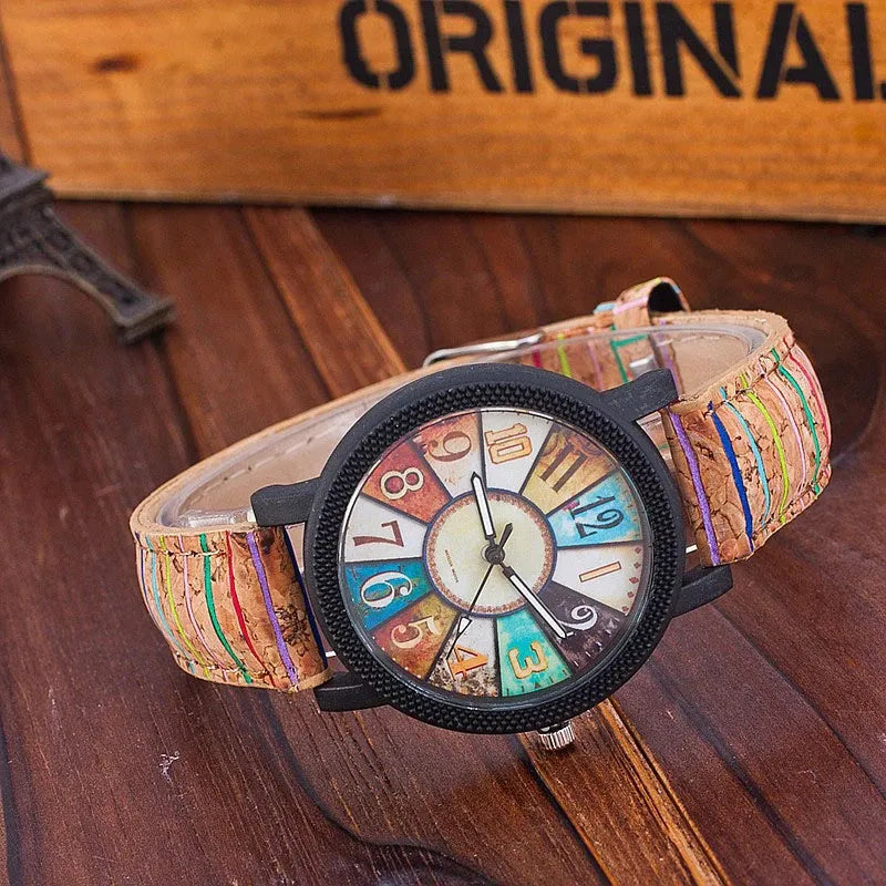 Women's vintage leather wrist watch with round dial and stainless steel buckle