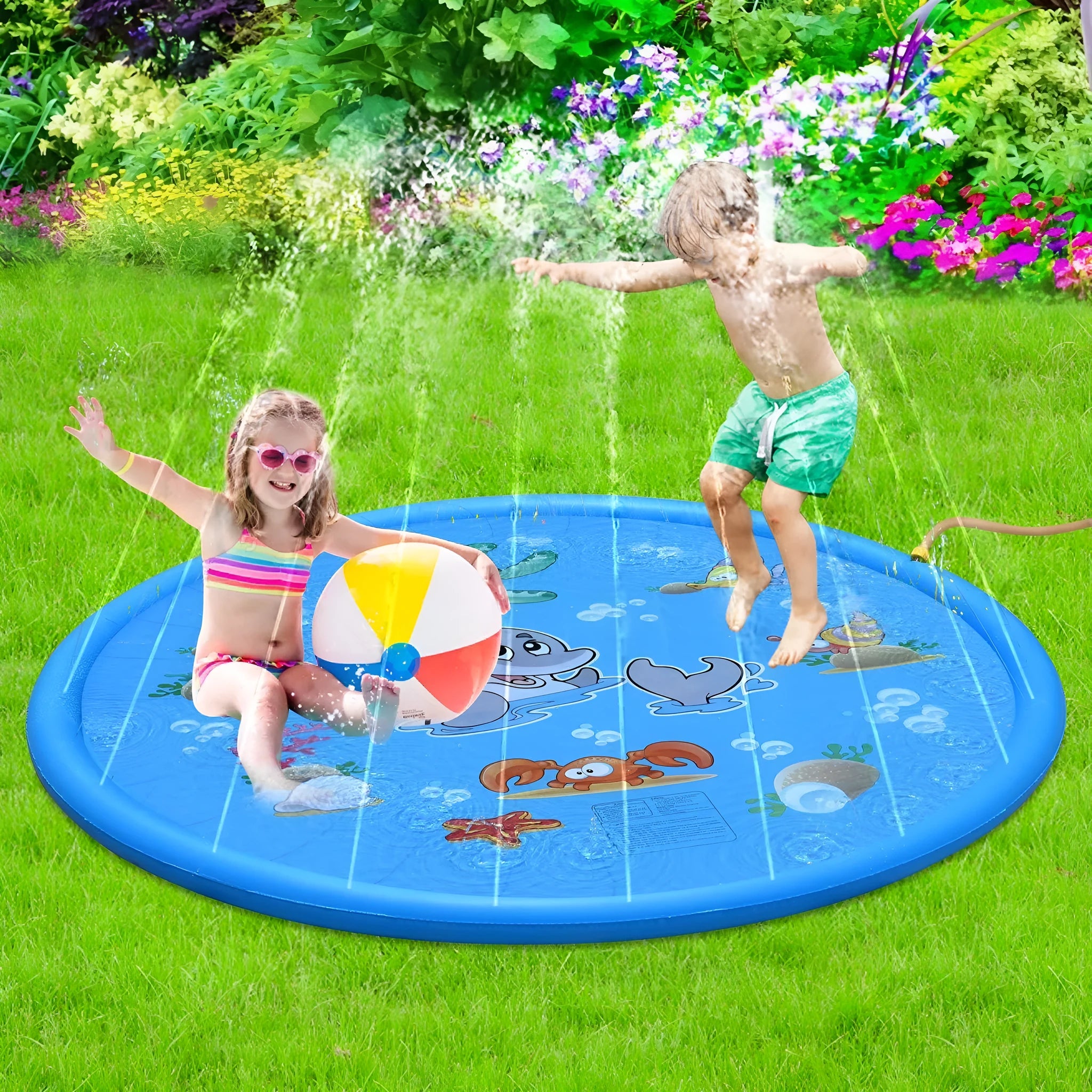 Blue children's water spray play mat with marine animal graphics for outdoor garden use