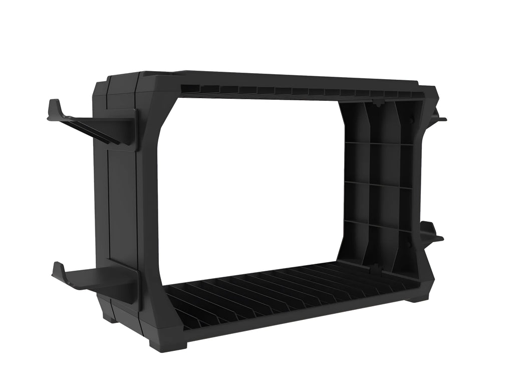 Black PS5 and Xbox Series X disc holder stand with slots for four game controllers