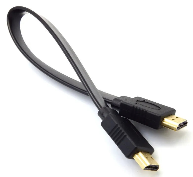 Flat black HDMI cable with male connectors shown at various lengths on a white background.