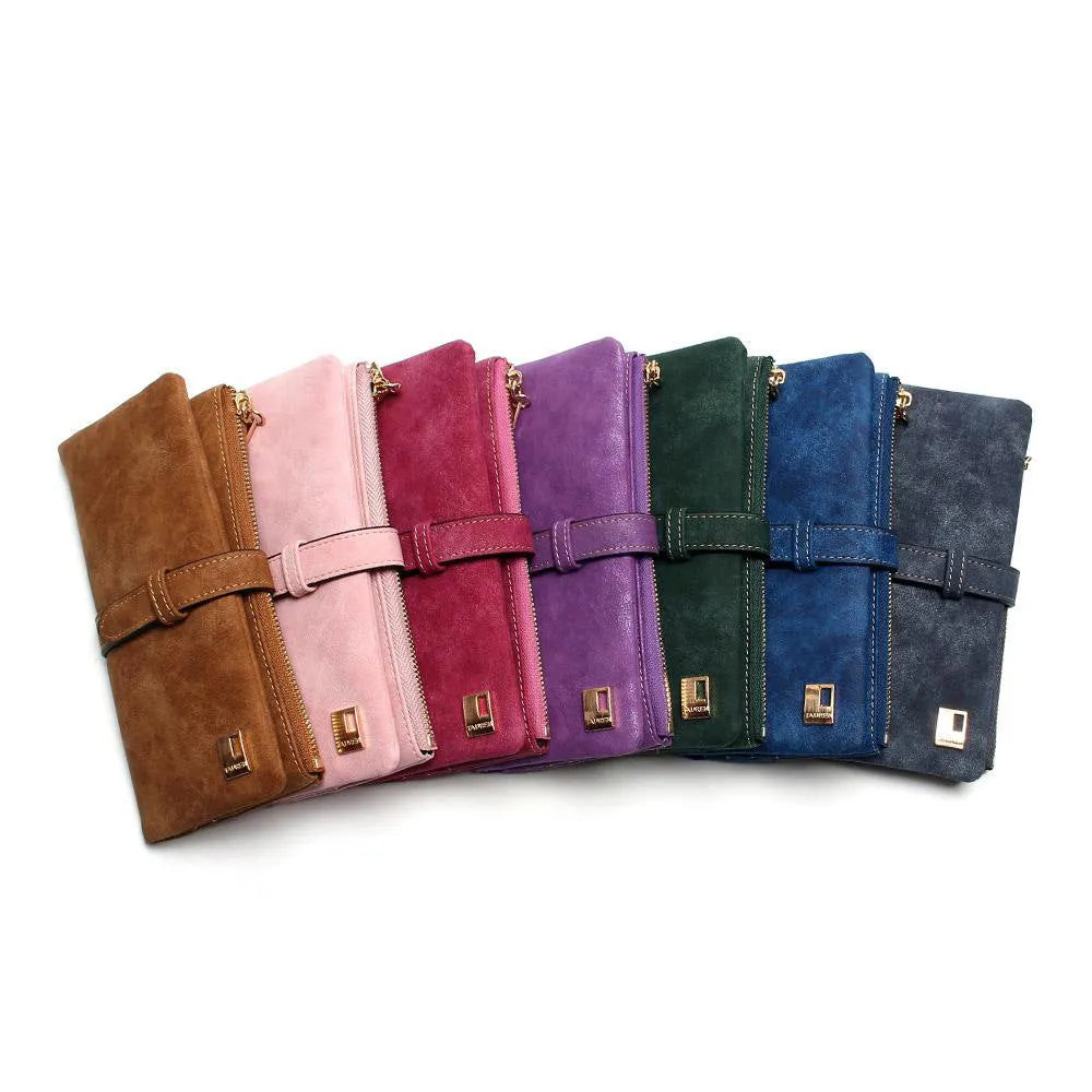 Korean retro style matte PU leather long zip wallet for women in multiple colours showing card slots and coin purse.