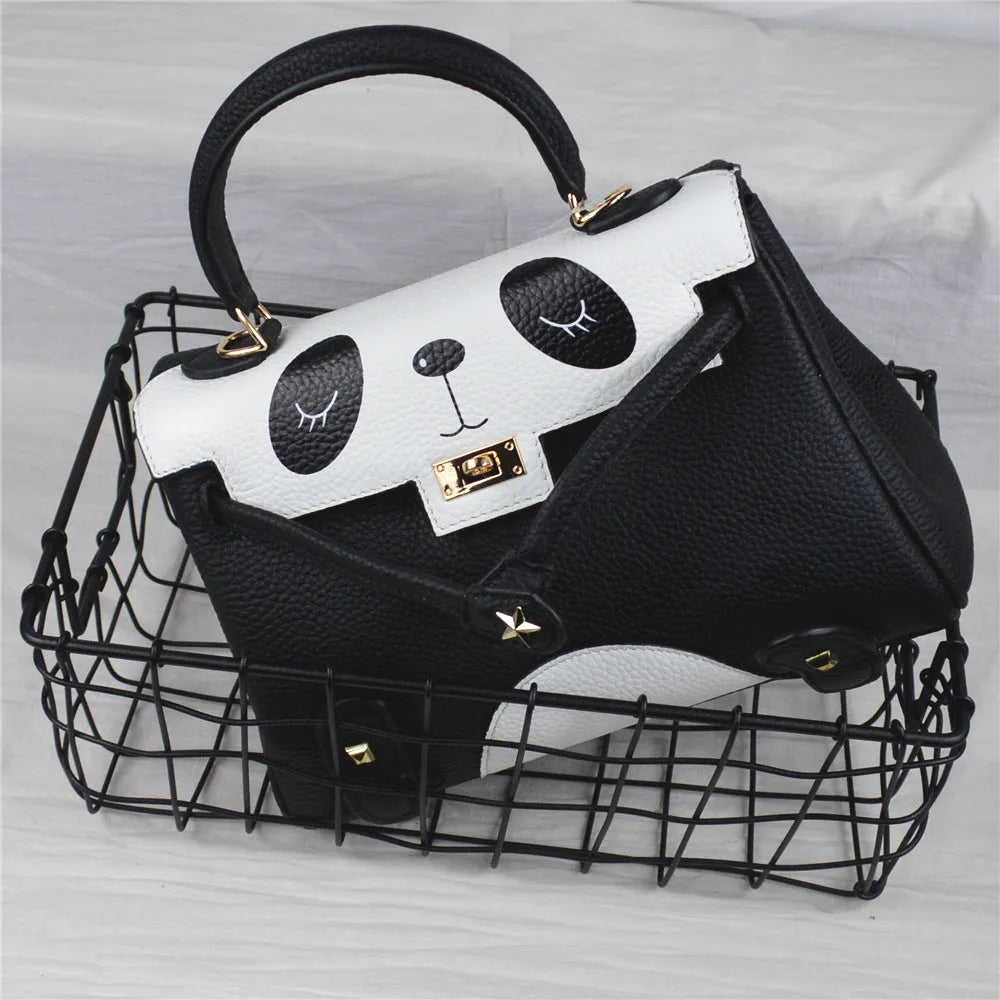 Panda print cowhide leather handbag in horizontal square shape showing two size options
