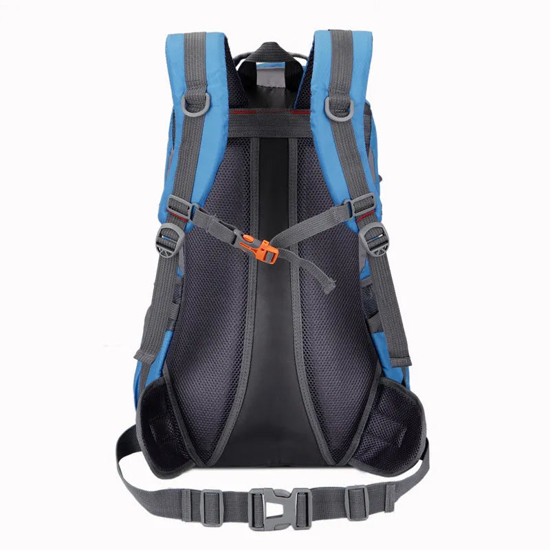 Outdoor waterproof mountaineering bag in nylon, 36-55L capacity, shown in available Black, Blue, Dark blue, Green, or Red colour options.