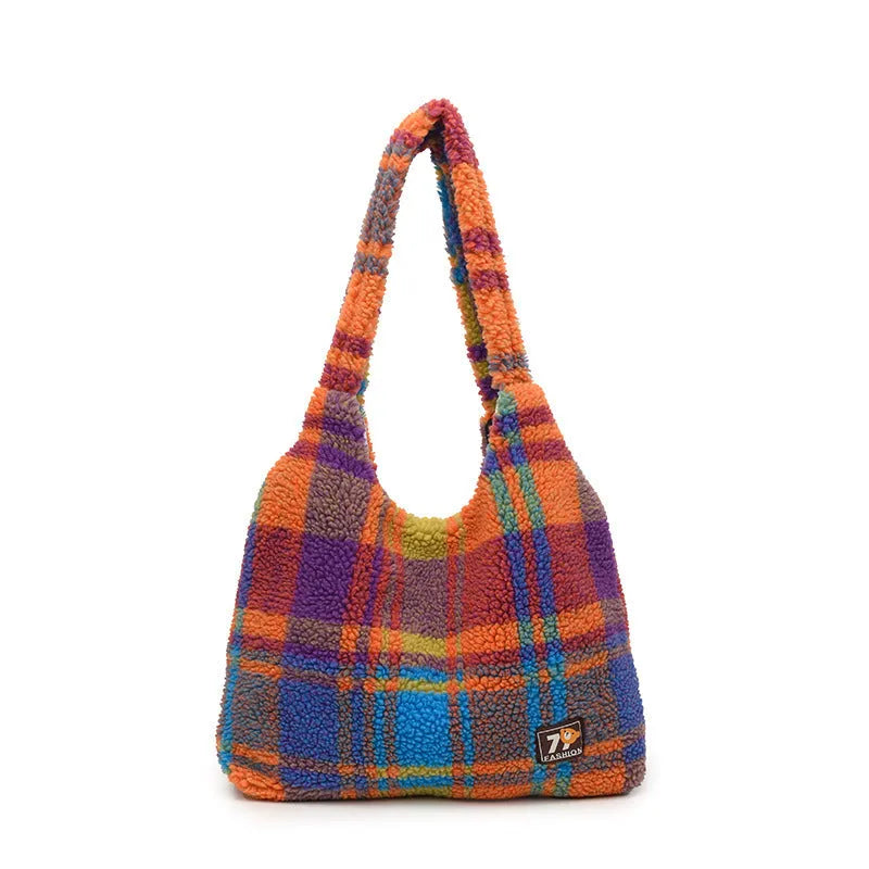 Women's plaid crossbody shoulder bag in soft plush material showing orange, purple and army green colour options