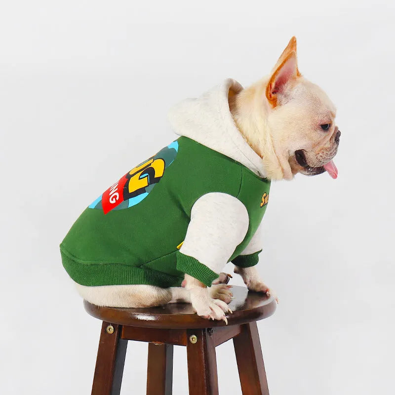 Green cotton dog coat shown on a large breed dog, sizes available from L to 4XL.