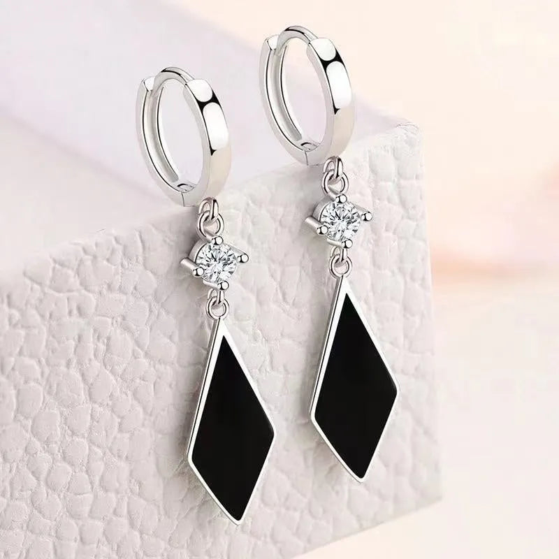 Vintage silver diamond geometric earrings with Japanese Korean style and electroplated finish